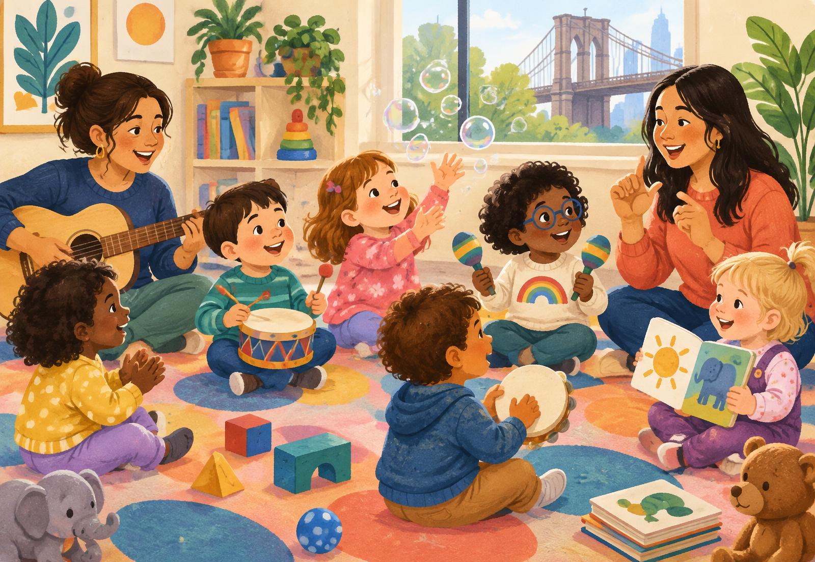 Illustration of toddlers and teachers singing and playing together in a Brooklyn classroom
