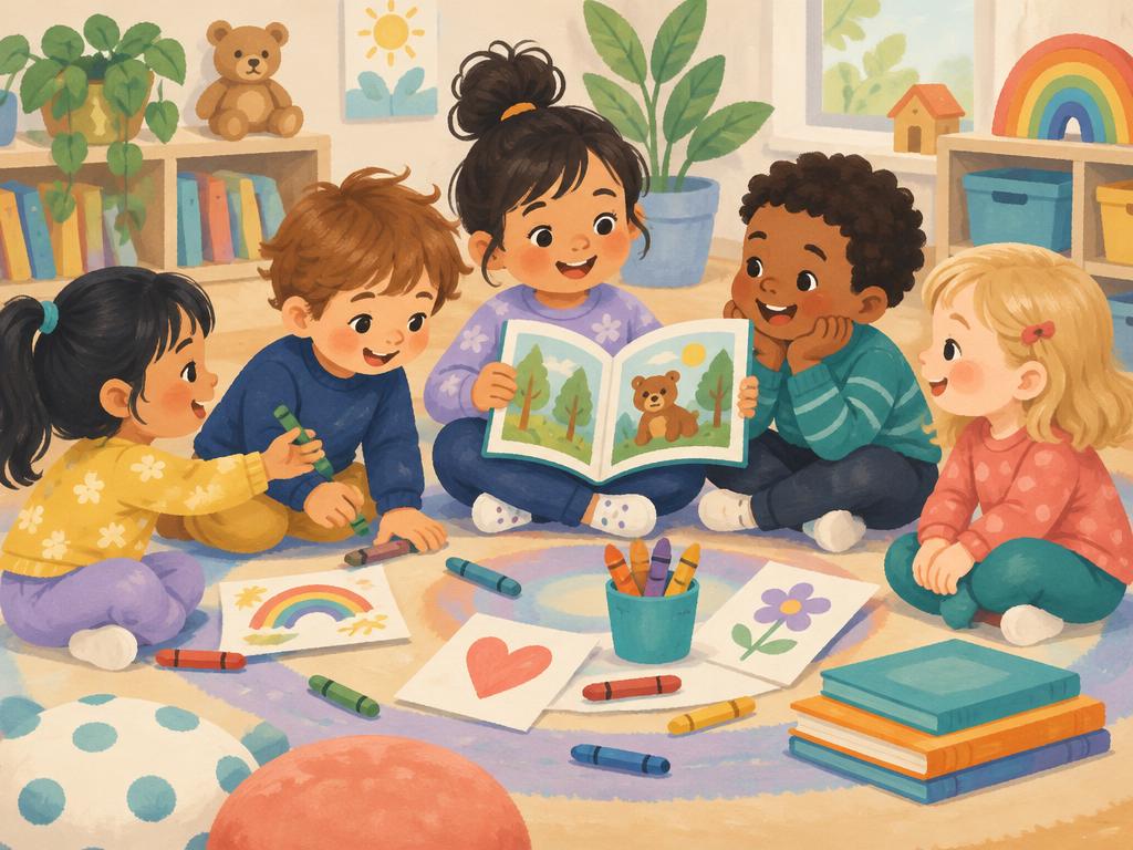 Illustration of preschoolers sharing a picture book