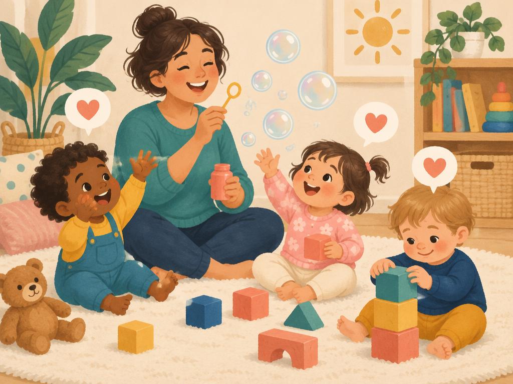 Illustration of toddlers playing with bubbles and blocks